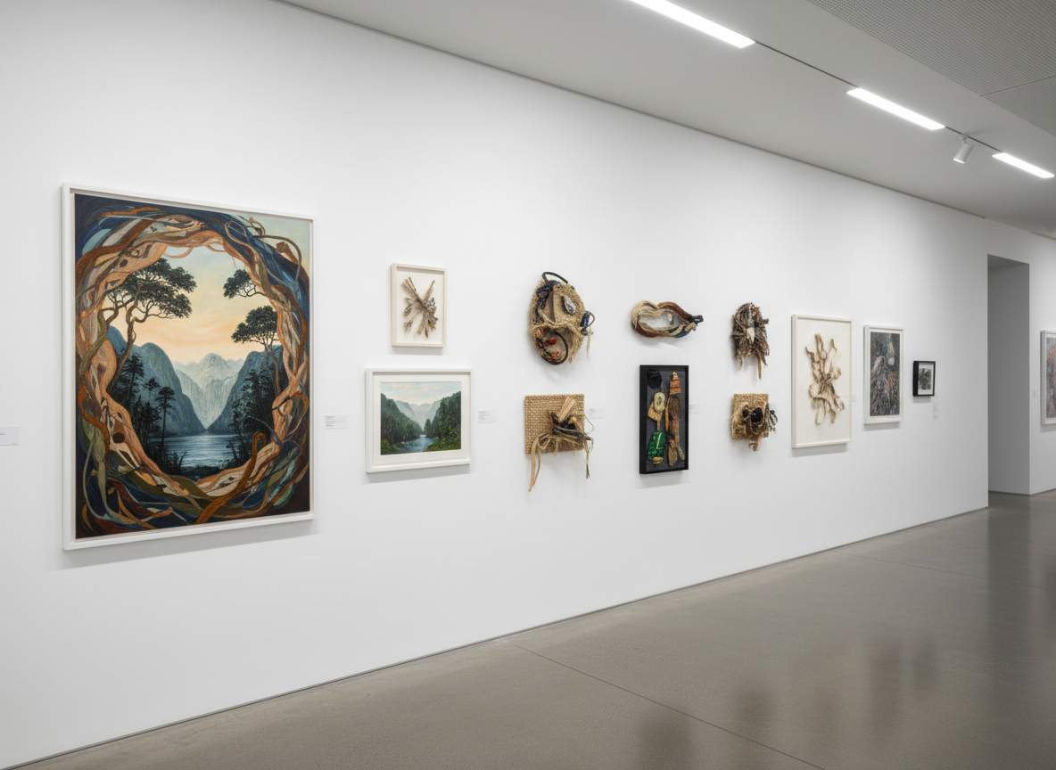 A meticulously curated gallery wall of contemporary New Zealand artworks, featuring a mix of bold abstract canvases, finely detailed landscapes, and experimental mixed-media pieces. Each work hangs on a pristine white wall inside a modern exhibition space, with polished concrete floors and subtle architectural lines. Soft, diffused museum lighting from recessed ceiling fixtures gently illuminates each artwork, creating controlled pools of light and minimal reflections on protective glazing. The mood is professional, contemplative, and quietly dramatic. Captured at eye level with a wide-angle photographic realism style, the composition uses the rule of thirds to lead the viewer’s gaze along the wall, with a slightly blurred background corridor hinting at additional galleries beyond.