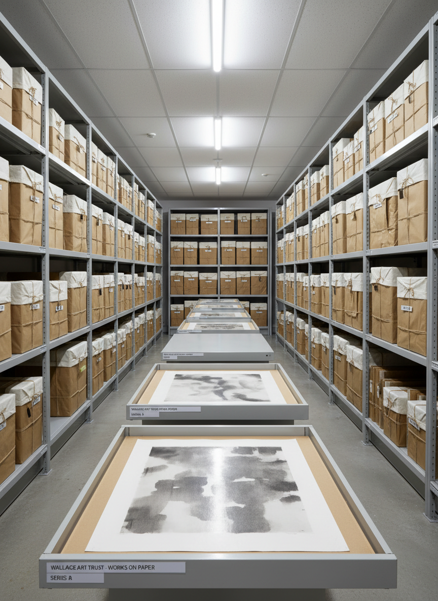 An archival storage room of the James Wallace Arts Trust, lined with custom metal racks holding carefully wrapped contemporary New Zealand artworks. Flat files, labeled with precise typography, are partially open to reveal glimpses of works on paper in muted charcoal, ink, and watercolor. The environment is clinically clean, with pale grey shelving and a subtle grid of ceiling panels. Cool, even fluorescent lighting provides neutral illumination, minimizing shadows and color casts. The mood is orderly, methodical, and highly professional, suggesting careful stewardship of the collection. Captured in photographic realism with a centered composition and moderate depth of field, the foreground drawers are in crisp focus while the receding rows of storage fade gently into a soft blur, conveying depth and scale.