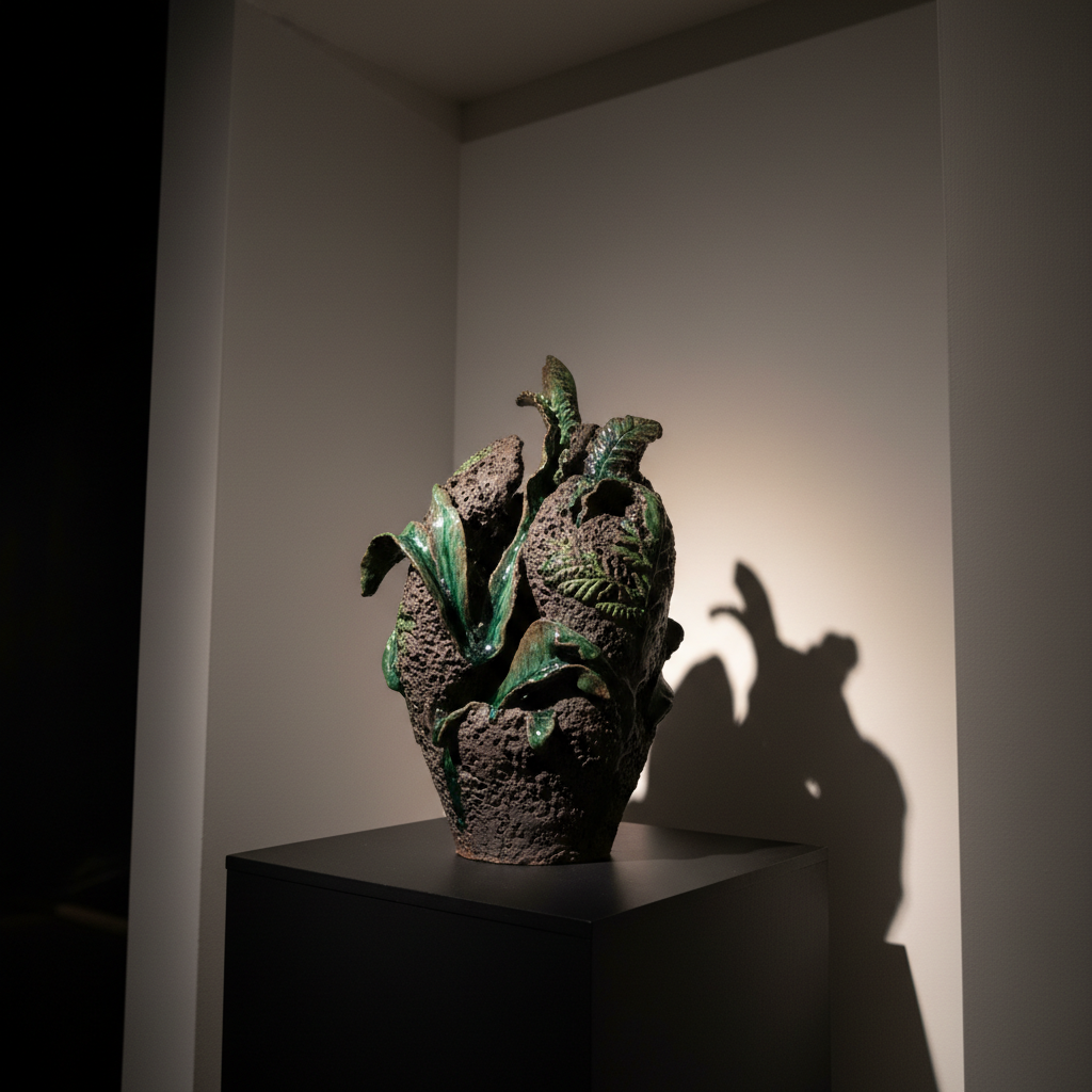A dramatic close-up of a contemporary New Zealand ceramic sculpture displayed on a low, matte black pedestal within a minimalist gallery niche. The piece combines rough, volcanic-textured clay with glossy, deep green glazes that pool in carved recesses, subtly referencing native flora. The niche is framed by crisp white walls and a shadowed recess, isolating the sculpture as the singular focal point. A narrow beam of warm spotlighting falls from above and slightly behind, catching the glaze’s reflections and casting an elongated, sculptural shadow on the wall. The mood is intense, contemplative, and museum-like. Photographic realism with a low-angle, tight composition emphasizes surface detail and three-dimensional form, while the background falls into velvety darkness, reinforcing a sense of importance and reverence for the work.