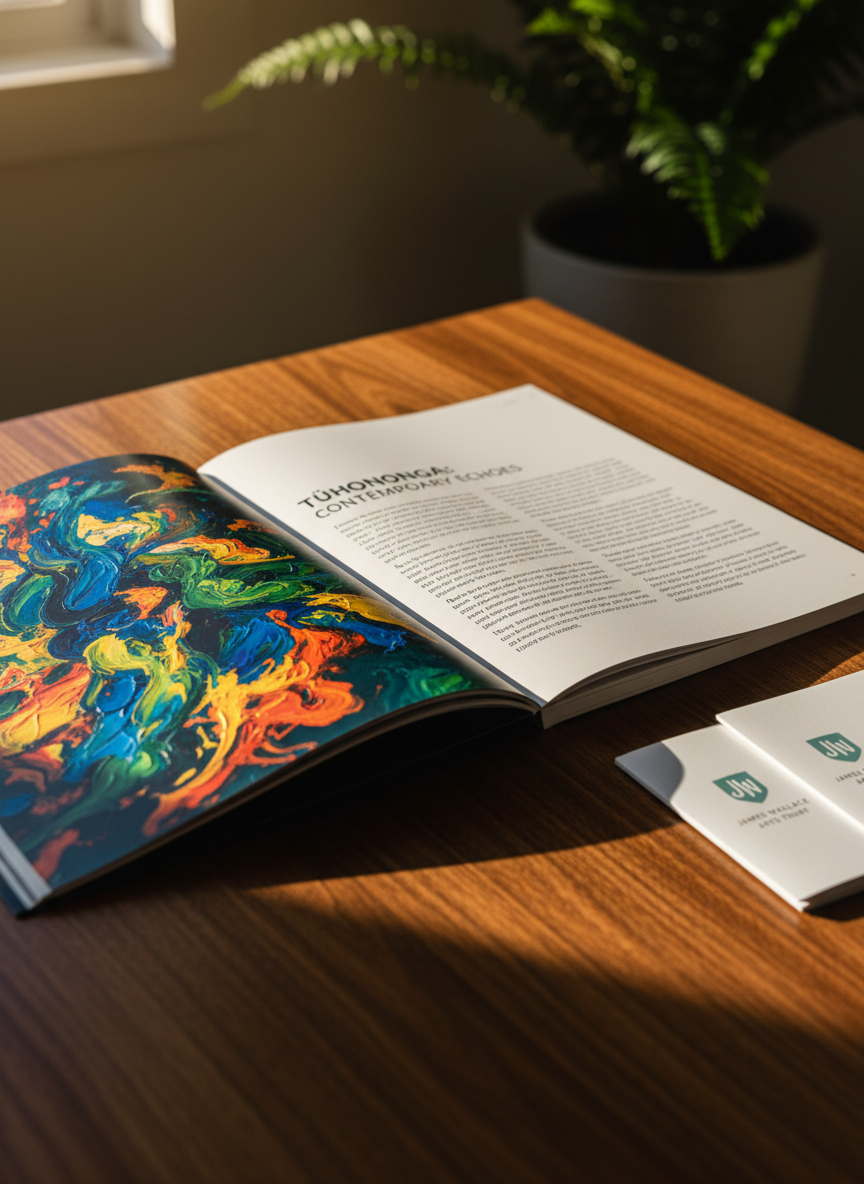 A refined exhibition catalogue for contemporary New Zealand art lying open on a finely grained dark timber table. The visible pages show a full-bleed reproduction of a vibrant abstract painting on one side and precise curatorial text on the other, printed in clean, modern typography. Around the catalogue, a small stack of neatly aligned brochures, each with the James Wallace Arts Trust logo, adds visual context. Soft afternoon light from an unseen window brushes across the table, creating gentle highlights on the ink and subtle shadows along the page edges. The atmosphere is scholarly yet accessible, evoking thoughtful engagement with the artworks. Photographic realism, shot at a shallow angle with a shallow depth of field, keeps the catalogue sharply in focus while the surrounding materials recede into a soft, professional blur.