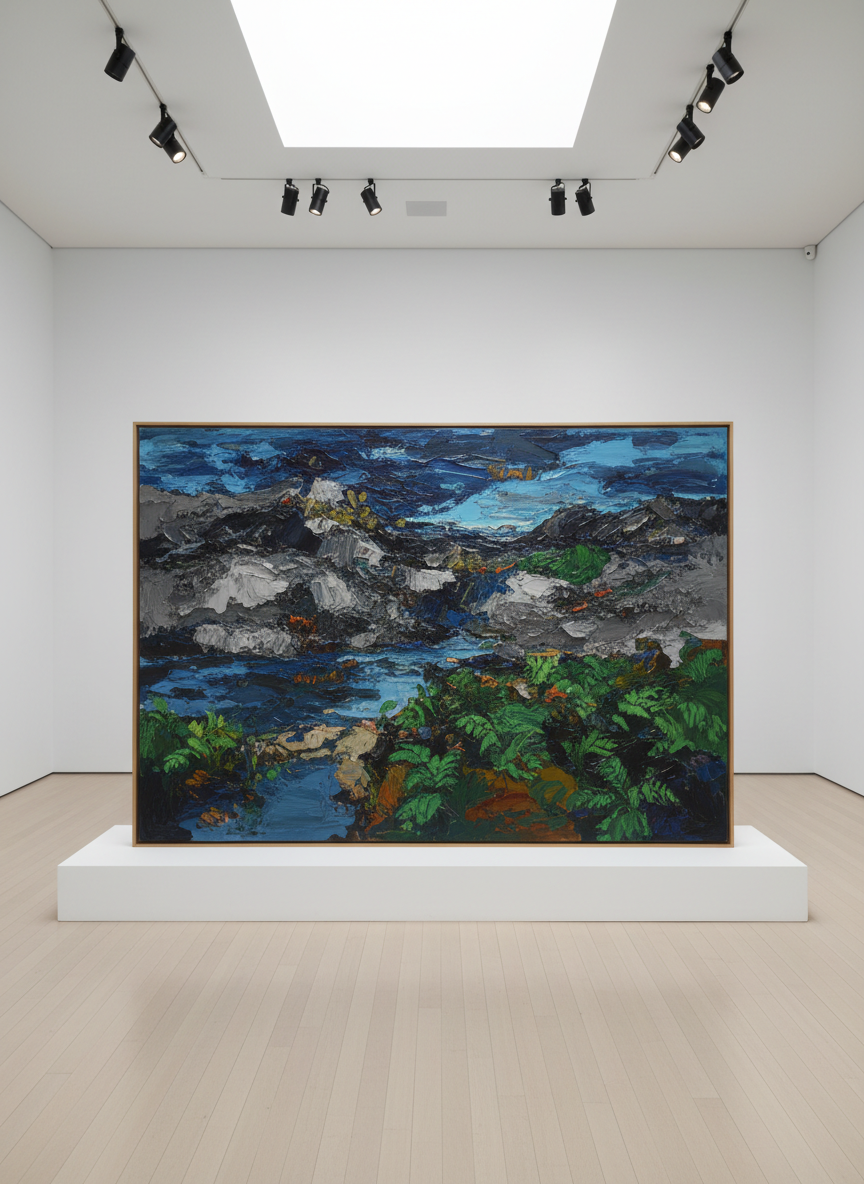 A single large contemporary New Zealand painting resting on a clean white plinth, waiting to be installed in a gallery. The canvas reveals rich impasto textures in deep ocean blues, volcanic greys, and lush fern greens, suggesting an abstracted Aotearoa landscape. The painting sits in the center of a spacious, empty exhibition room with matte white walls and a smooth wooden floor in pale natural tones. Overhead track lights cast soft, directional beams that highlight the texture of the paint and create delicate shadows along the stretcher edges. The atmosphere is focused and professional, with a sense of anticipation. Shot in photographic realism from a slightly elevated angle, emphasizing the work’s surface detail while keeping the surrounding space minimal and uncluttered.