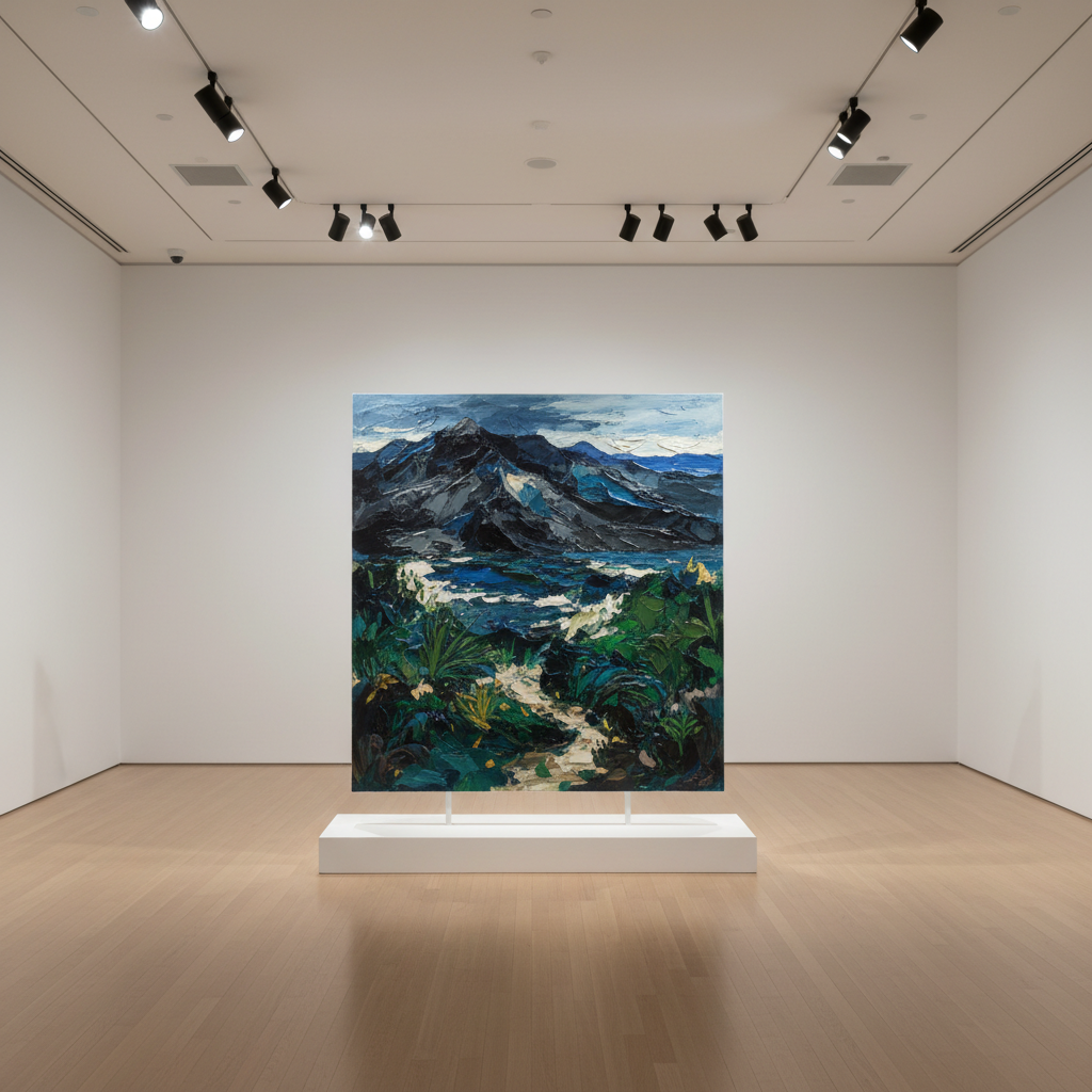 A single large contemporary New Zealand painting resting on a clean white plinth, waiting to be installed in a gallery. The canvas reveals rich impasto textures in deep ocean blues, volcanic greys, and lush fern greens, suggesting an abstracted Aotearoa landscape. The painting sits in the center of a spacious, empty exhibition room with matte white walls and a smooth wooden floor in pale natural tones. Overhead track lights cast soft, directional beams that highlight the texture of the paint and create delicate shadows along the stretcher edges. The atmosphere is focused and professional, with a sense of anticipation. Shot in photographic realism from a slightly elevated angle, emphasizing the work’s surface detail while keeping the surrounding space minimal and uncluttered.